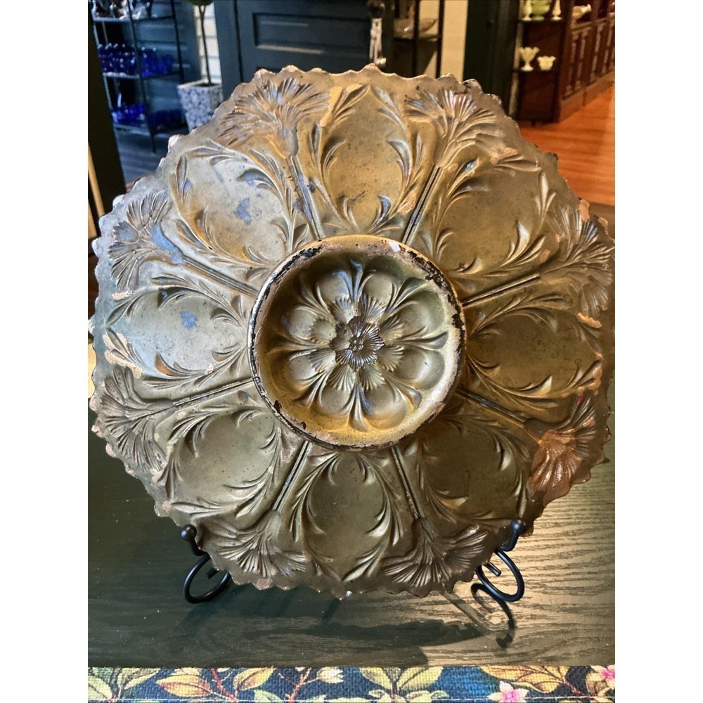 10.5" Antique Goofus Glass Sawtooth Edge Plate Red Gold Roses - Picture 8 of 14